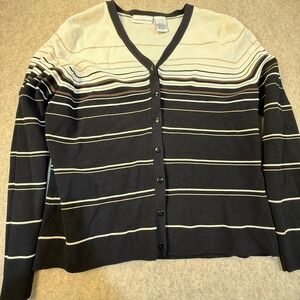 Croft & Barrow Womens Striped V-Neck Button Cardigan Sweater Black White Tan M